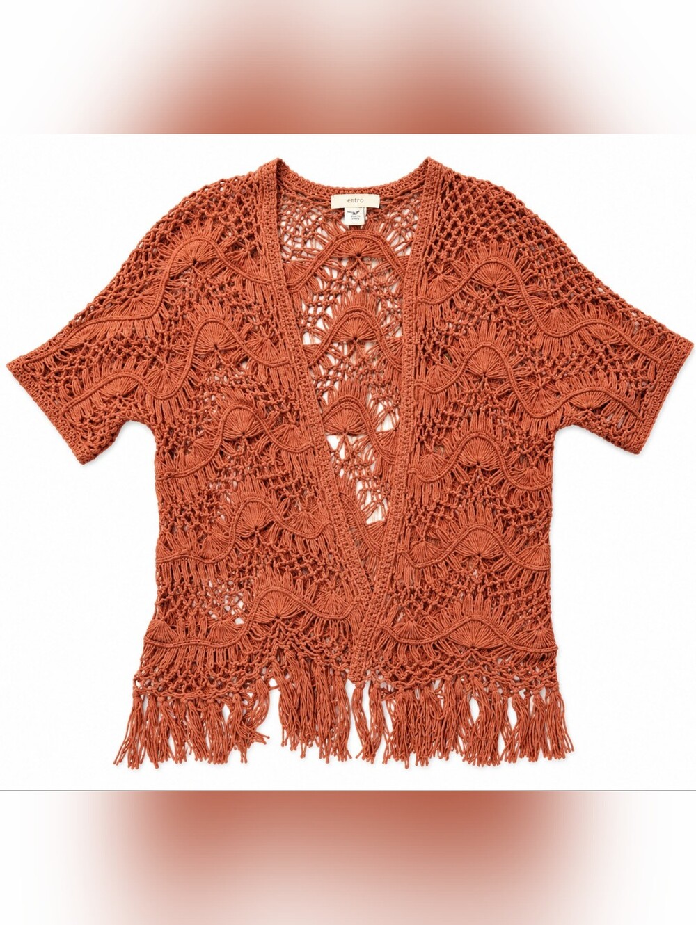 Entro Women's Cardigan Crochet with Fringe Boho Terracotta Brown Size M NWOT